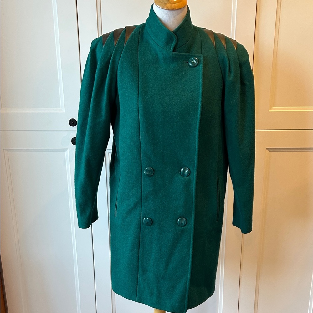 Vintage 80s Teal Green Double-Breasted Women's Coat, wool, XS, faux leather